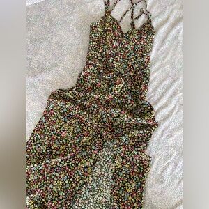 Zara Floral Midi Dress in Black with Pink, Yellow & White Flowers